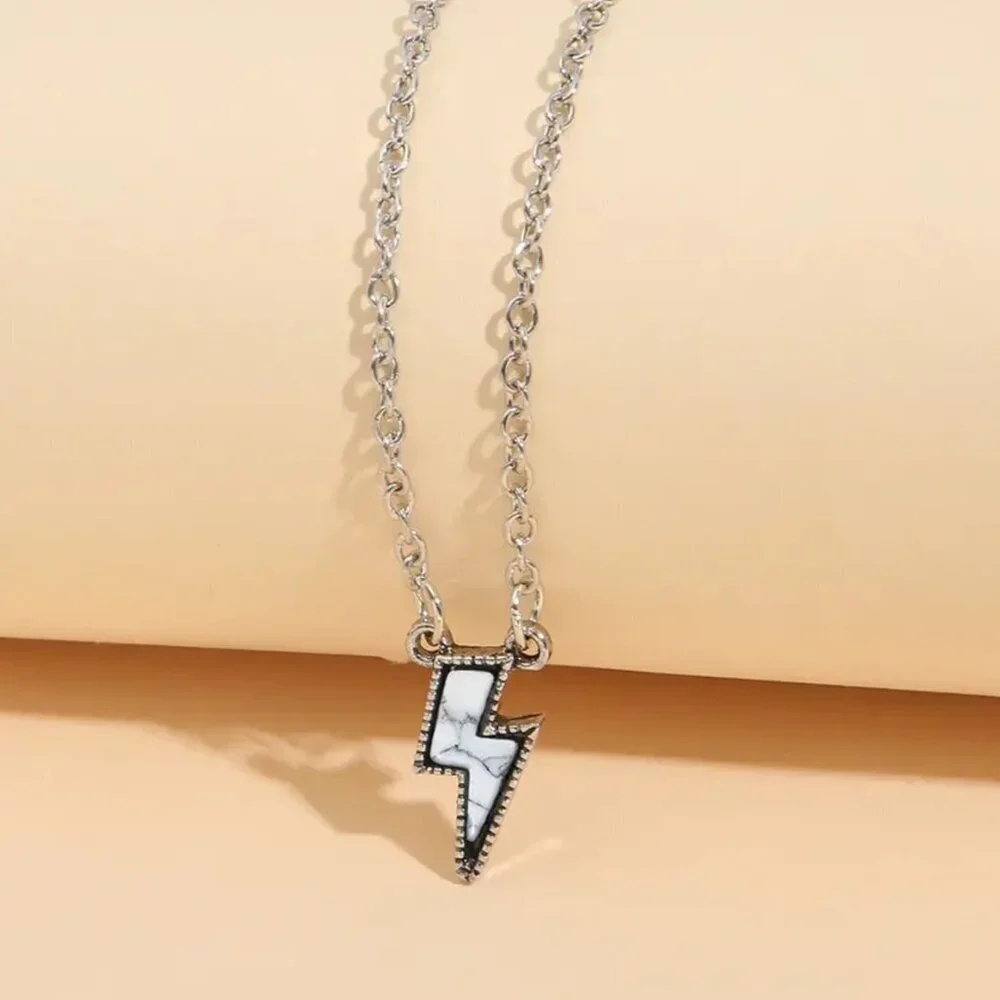 NEW white Lightning Bolt Necklace, BOHO Jewelry, Marble White Necklace, Trendy - Picture 1 of 1